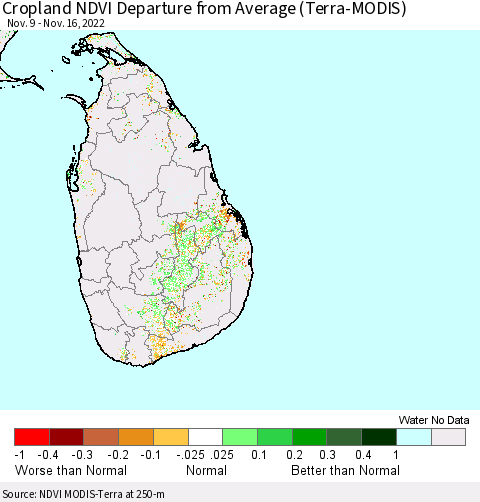 Sri Lanka Cropland NDVI Departure from Average (Terra-MODIS) Thematic Map For 11/9/2022 - 11/16/2022