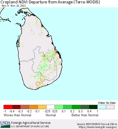 Sri Lanka Cropland NDVI Departure from Average (Terra-MODIS) Thematic Map For 11/11/2022 - 11/20/2022