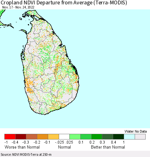 Sri Lanka Cropland NDVI Departure from Average (Terra-MODIS) Thematic Map For 11/17/2022 - 11/24/2022
