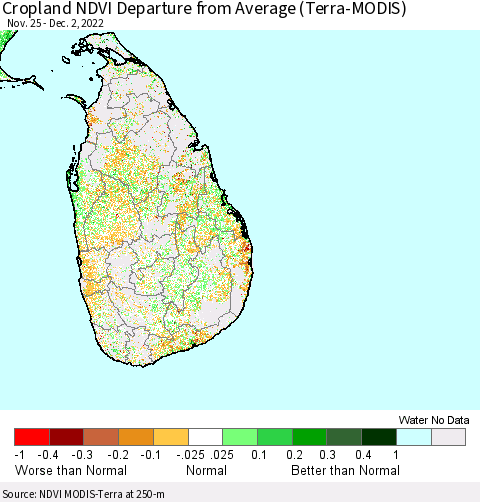 Sri Lanka Cropland NDVI Departure from Average (Terra-MODIS) Thematic Map For 11/25/2022 - 12/2/2022