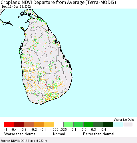 Sri Lanka Cropland NDVI Departure from Average (Terra-MODIS) Thematic Map For 12/11/2022 - 12/18/2022
