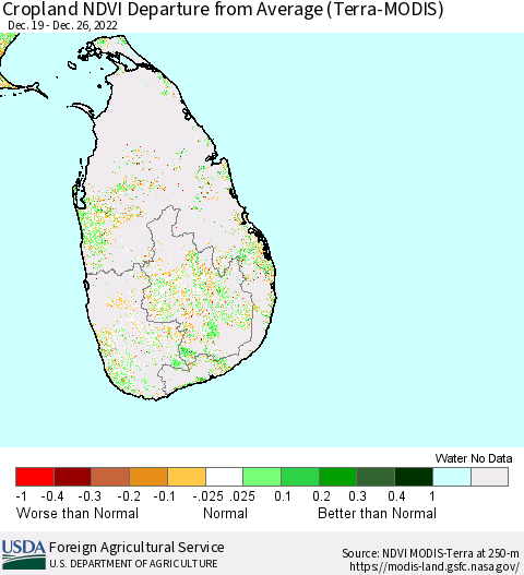 Sri Lanka Cropland NDVI Departure from Average (Terra-MODIS) Thematic Map For 12/21/2022 - 12/31/2022