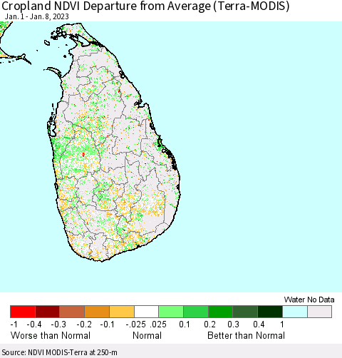 Sri Lanka Cropland NDVI Departure from Average (Terra-MODIS) Thematic Map For 1/1/2023 - 1/8/2023