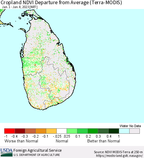 Sri Lanka Cropland NDVI Departure from Average (Terra-MODIS) Thematic Map For 1/1/2023 - 1/10/2023