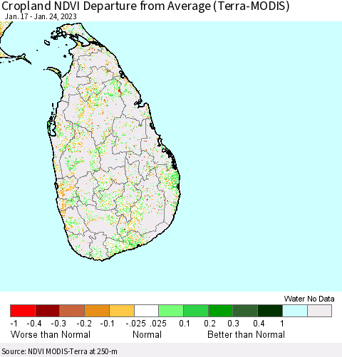 Sri Lanka Cropland NDVI Departure from Average (Terra-MODIS) Thematic Map For 1/17/2023 - 1/24/2023