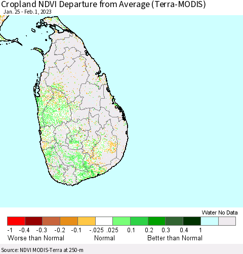 Sri Lanka Cropland NDVI Departure from Average (Terra-MODIS) Thematic Map For 1/25/2023 - 2/1/2023