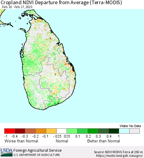 Sri Lanka Cropland NDVI Departure from Average (Terra-MODIS) Thematic Map For 2/11/2023 - 2/20/2023