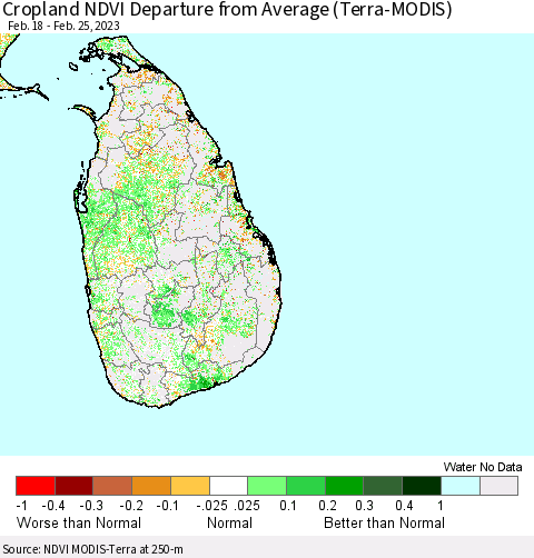 Sri Lanka Cropland NDVI Departure from Average (Terra-MODIS) Thematic Map For 2/18/2023 - 2/25/2023