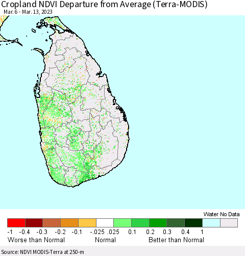Sri Lanka Cropland NDVI Departure from Average (Terra-MODIS) Thematic Map For 3/6/2023 - 3/13/2023