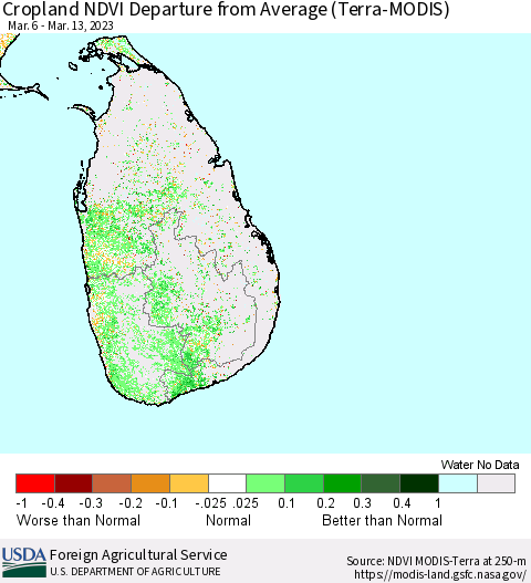 Sri Lanka Cropland NDVI Departure from Average (Terra-MODIS) Thematic Map For 3/11/2023 - 3/20/2023