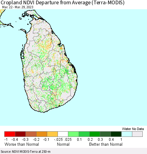 Sri Lanka Cropland NDVI Departure from Average (Terra-MODIS) Thematic Map For 3/22/2023 - 3/29/2023