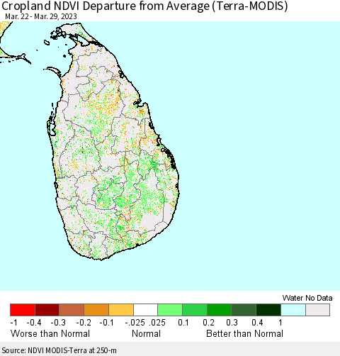 Sri Lanka Cropland NDVI Departure from Average (Terra-MODIS) Thematic Map For 3/22/2023 - 3/29/2023