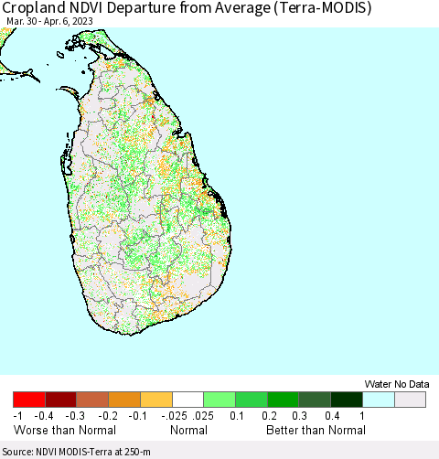 Sri Lanka Cropland NDVI Departure from Average (Terra-MODIS) Thematic Map For 3/30/2023 - 4/6/2023