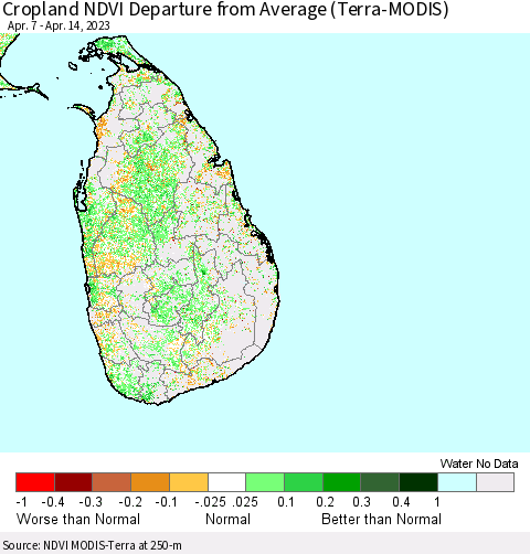 Sri Lanka Cropland NDVI Departure from Average (Terra-MODIS) Thematic Map For 4/7/2023 - 4/14/2023
