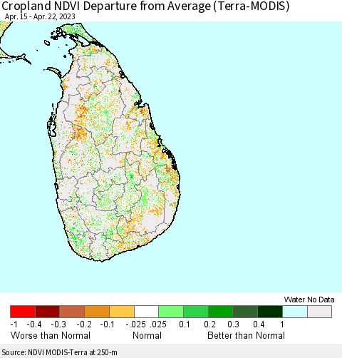 Sri Lanka Cropland NDVI Departure from Average (Terra-MODIS) Thematic Map For 4/15/2023 - 4/22/2023
