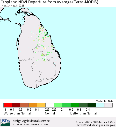 Sri Lanka Cropland NDVI Departure from Average (Terra-MODIS) Thematic Map For 5/1/2023 - 5/10/2023