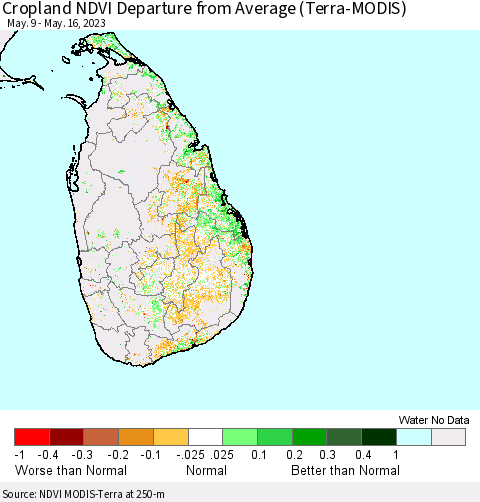 Sri Lanka Cropland NDVI Departure from Average (Terra-MODIS) Thematic Map For 5/9/2023 - 5/16/2023
