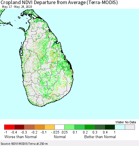 Sri Lanka Cropland NDVI Departure from Average (Terra-MODIS) Thematic Map For 5/17/2023 - 5/24/2023