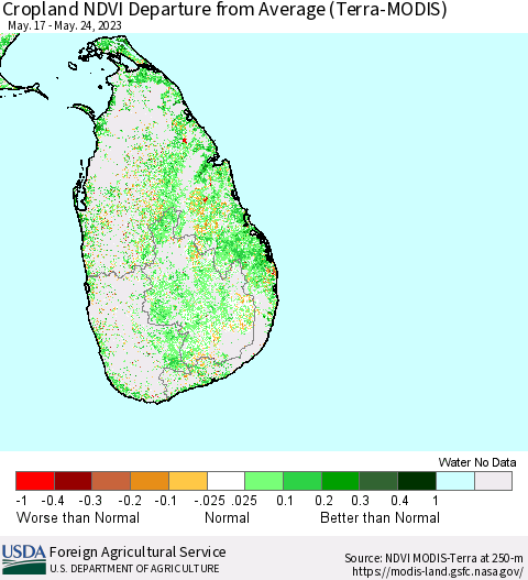Sri Lanka Cropland NDVI Departure from Average (Terra-MODIS) Thematic Map For 5/21/2023 - 5/31/2023