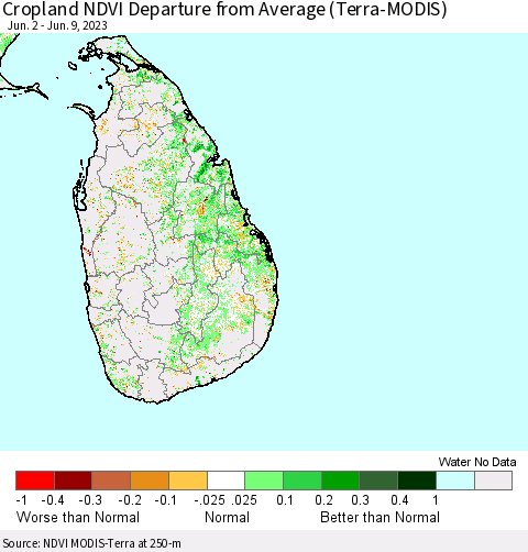 Sri Lanka Cropland NDVI Departure from Average (Terra-MODIS) Thematic Map For 6/2/2023 - 6/9/2023