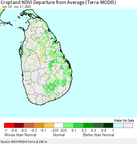 Sri Lanka Cropland NDVI Departure from Average (Terra-MODIS) Thematic Map For 6/10/2023 - 6/17/2023
