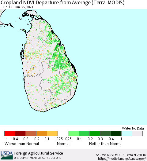 Sri Lanka Cropland NDVI Departure from Average (Terra-MODIS) Thematic Map For 6/21/2023 - 6/30/2023