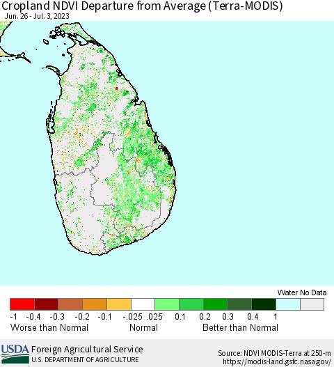 Sri Lanka Cropland NDVI Departure from Average (Terra-MODIS) Thematic Map For 7/1/2023 - 7/10/2023