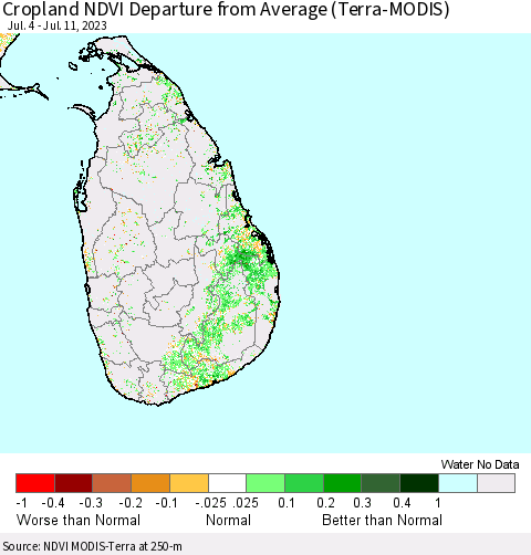 Sri Lanka Cropland NDVI Departure from Average (Terra-MODIS) Thematic Map For 7/4/2023 - 7/11/2023