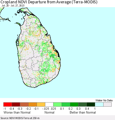 Sri Lanka Cropland NDVI Departure from Average (Terra-MODIS) Thematic Map For 7/20/2023 - 7/27/2023
