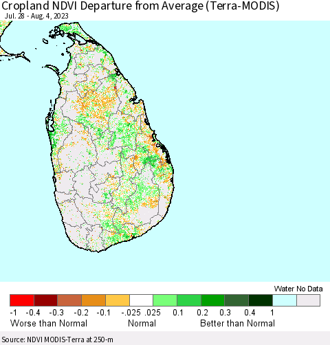 Sri Lanka Cropland NDVI Departure from Average (Terra-MODIS) Thematic Map For 7/28/2023 - 8/4/2023