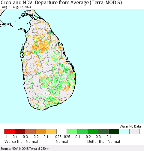 Sri Lanka Cropland NDVI Departure from Average (Terra-MODIS) Thematic Map For 8/5/2023 - 8/12/2023