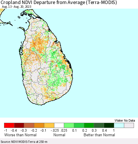 Sri Lanka Cropland NDVI Departure from Average (Terra-MODIS) Thematic Map For 8/11/2023 - 8/20/2023