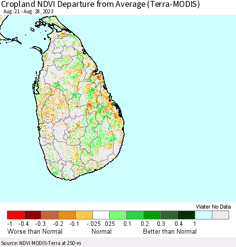 Sri Lanka Cropland NDVI Departure from Average (Terra-MODIS) Thematic Map For 8/21/2023 - 8/28/2023