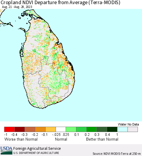 Sri Lanka Cropland NDVI Departure from Average (Terra-MODIS) Thematic Map For 8/21/2023 - 8/31/2023