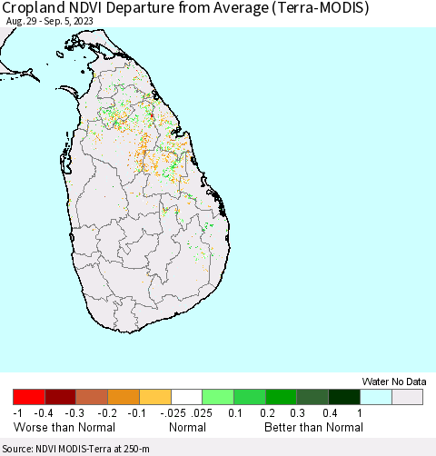 Sri Lanka Cropland NDVI Departure from Average (Terra-MODIS) Thematic Map For 8/29/2023 - 9/5/2023