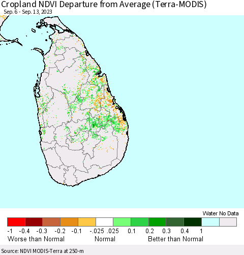 Sri Lanka Cropland NDVI Departure from Average (Terra-MODIS) Thematic Map For 9/6/2023 - 9/13/2023