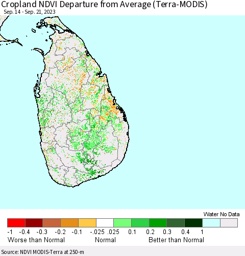 Sri Lanka Cropland NDVI Departure from Average (Terra-MODIS) Thematic Map For 9/14/2023 - 9/21/2023