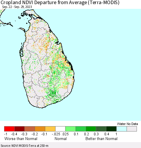 Sri Lanka Cropland NDVI Departure from Average (Terra-MODIS) Thematic Map For 9/22/2023 - 9/29/2023