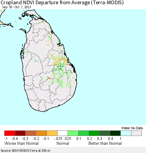 Sri Lanka Cropland NDVI Departure from Average (Terra-MODIS) Thematic Map For 9/30/2023 - 10/7/2023
