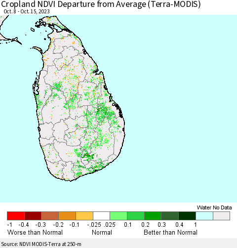 Sri Lanka Cropland NDVI Departure from Average (Terra-MODIS) Thematic Map For 10/8/2023 - 10/15/2023