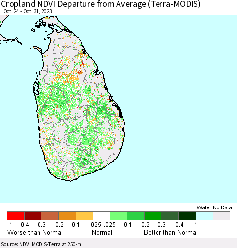 Sri Lanka Cropland NDVI Departure from Average (Terra-MODIS) Thematic Map For 10/24/2023 - 10/31/2023