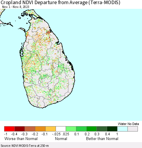 Sri Lanka Cropland NDVI Departure from Average (Terra-MODIS) Thematic Map For 11/1/2023 - 11/8/2023