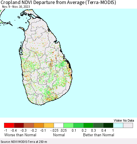 Sri Lanka Cropland NDVI Departure from Average (Terra-MODIS) Thematic Map For 11/9/2023 - 11/16/2023