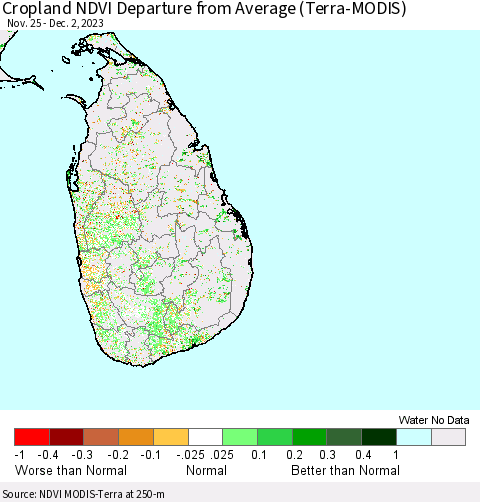 Sri Lanka Cropland NDVI Departure from Average (Terra-MODIS) Thematic Map For 11/25/2023 - 12/2/2023