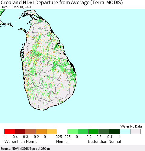 Sri Lanka Cropland NDVI Departure from Average (Terra-MODIS) Thematic Map For 12/3/2023 - 12/10/2023