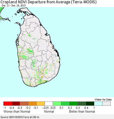Sri Lanka Cropland NDVI Departure from Average (Terra-MODIS) Thematic Map For 12/11/2023 - 12/18/2023