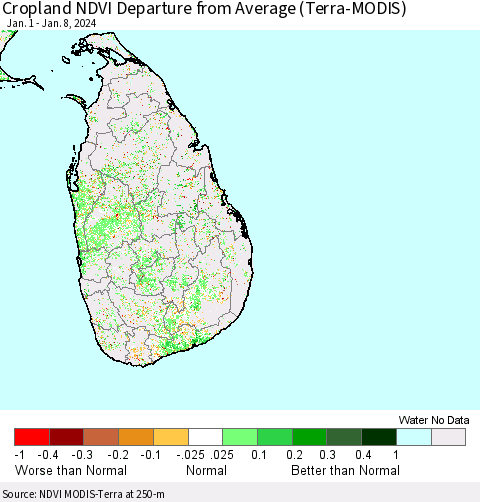 Sri Lanka Cropland NDVI Departure from Average (Terra-MODIS) Thematic Map For 1/1/2024 - 1/8/2024