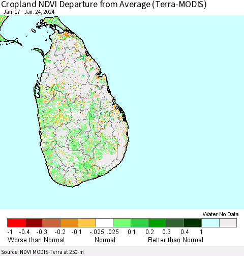 Sri Lanka Cropland NDVI Departure from Average (Terra-MODIS) Thematic Map For 1/17/2024 - 1/24/2024