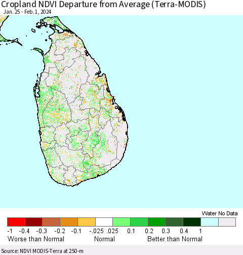 Sri Lanka Cropland NDVI Departure from Average (Terra-MODIS) Thematic Map For 1/25/2024 - 2/1/2024