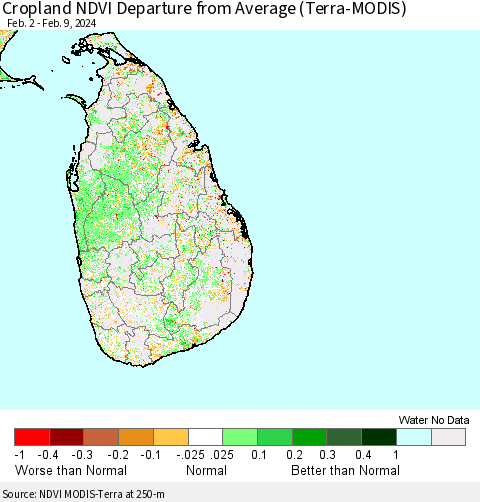 Sri Lanka Cropland NDVI Departure from Average (Terra-MODIS) Thematic Map For 2/2/2024 - 2/9/2024